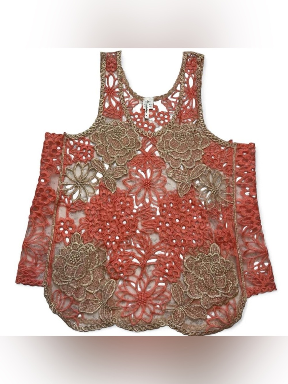 Trendology Coral Gold Floral Lace Sleeveless Top Womens Size Medium